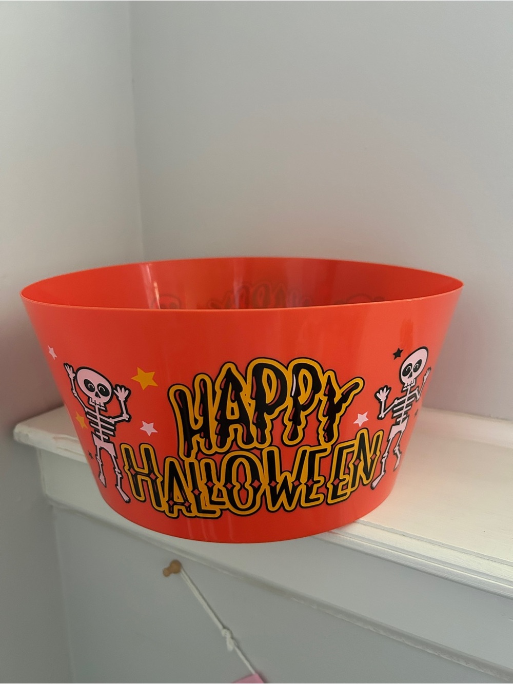 Source Unknown Bright Orange "Happy Halloween" Candy Bowl with Skeletons